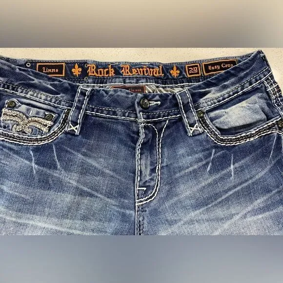 Rock Revival Linne Easy Crop Jeans 29x24 Distressed Stretch Denim EUC - Picture 7 of 14